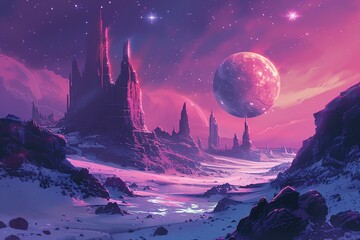 The image is showing a beautiful landscape of another planet with pink rocks and purple sky.