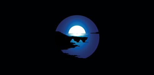 vector landscape with silhouettes of cliffs on the beach, sea, bay, with moonlight