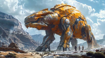 The image shows a large, yellow, mechanical dinosaur walking through a rocky landscape