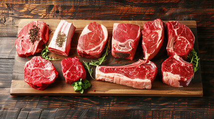 Assorted cuts of raw beef steak displayed on a wooden board with herbs and seasoning. The selection includes ribeye, tenderloin, and T-bone steaks, neatly arranged.