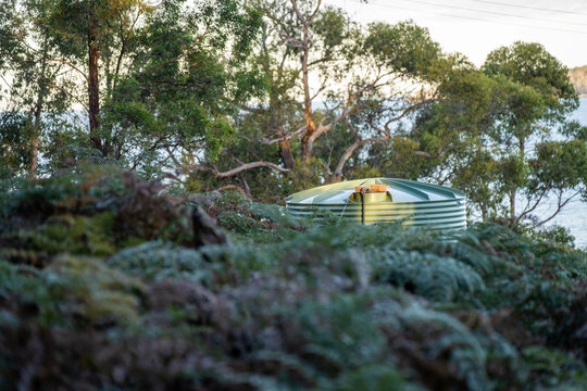 Plastic water tank in the forest of an off grid house in Australia in the bush