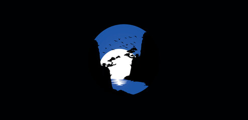 vector landscape with silhouettes of two cliffs with trees, river, flock of birds, clouds and moon at night