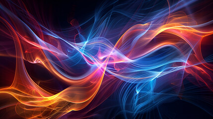 Obraz premium Abstract blue and red smoke on black background, Fantasy fractal texture, abstract colorful background with lines and waves, Vibrant smoke against black backdrop Black brick wall neon light empty 