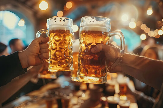 Festive Oktoberfest celebration with visitors raising beer mugs in a cozy tent