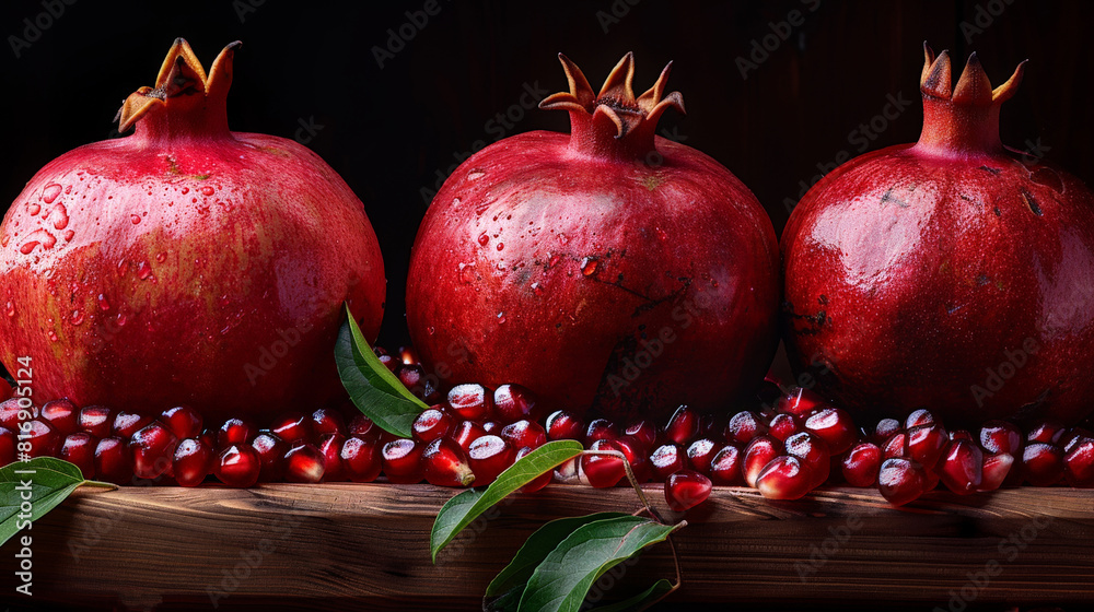Poster Three vibrant red pomegranates are arranged neatly on a rustic wooden table, creating a simple yet eye-catching display