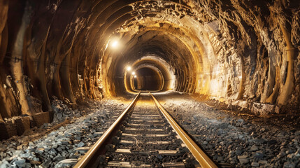 A dimly lit underground railway tunnel with two train tracks extending into the distance. The walls of the tunnel are rugged and lined with lights. - Powered by Adobe