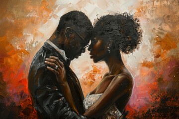 Oil painting of an intimate moment between an embracing couple, rich in colors and emotion