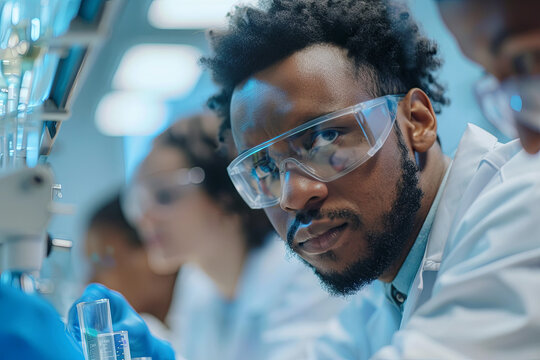 African American scientist collaborating with a diverse research team in a modern lab