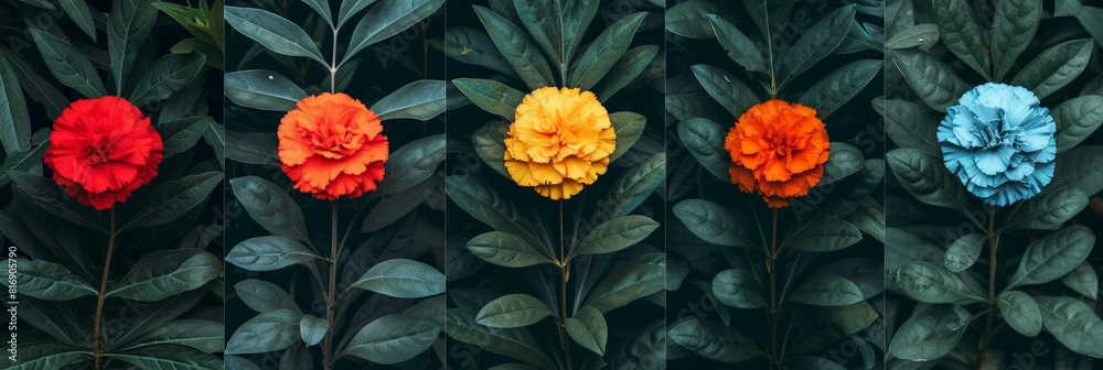 Poster a vibrant row of colorful flowers stands out against a lush green background. each flower blooms in 
