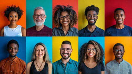 A group of diverse people, both men and women, smile at the camera while standing against a colorful backdrop
