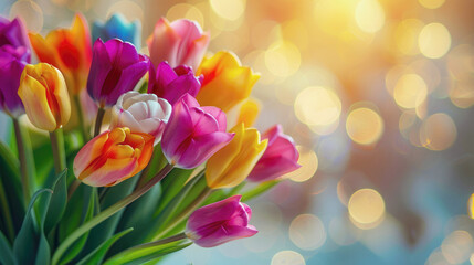 Obraz premium Card, multi-colored tulip buds on a blurred spring sunny background. Floral background, texture for design, greeting card, copy space. International Women's Day.