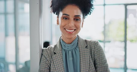African woman, business and face in office with career confidence and about us in human resources. Portrait of employee or worker with arms crossed for job integrity, successful or company values