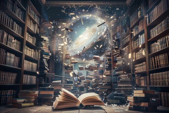 Enchanted library with books floating towards a radiant portal in space, symbolizing the power of knowledge