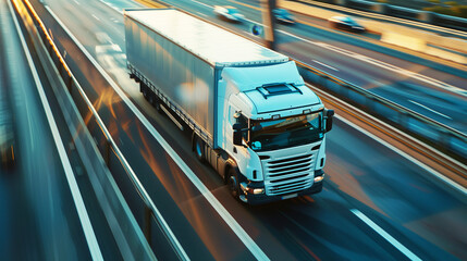 A large white cargo truck is driving at high speed on a highway, surrounded by blurred motion of other vehicles, indicating fast movement and transportation.