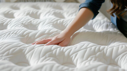 A hand gently pressing on a textured white mattress, demonstrating its softness and comfort. The image highlights the mattress's design and quality.