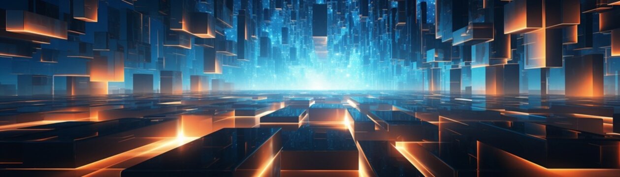 Virtual reality space, abstract design with floating digital elements, eyelevel perspective 