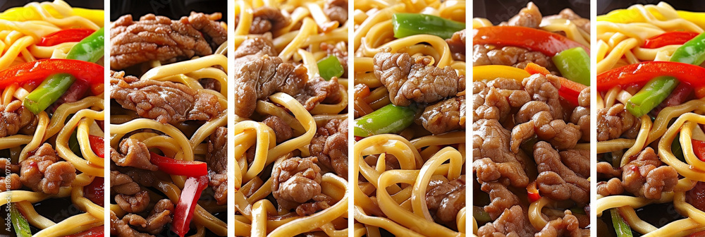 Poster a collection of close-up photos showcasing various types of noodles combined with colorful vegetable