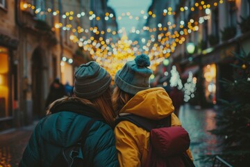 Obraz premium Two friends in winter clothes gaze at christmas lights on a festive urban street