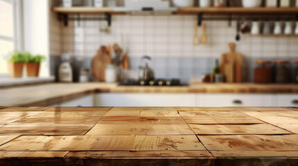 A rustic wooden kitchen countertop with blurred background featuring kitchen utensils, cutting boards, potted plants, and shelving, creating a cozy and homely atmosphere.