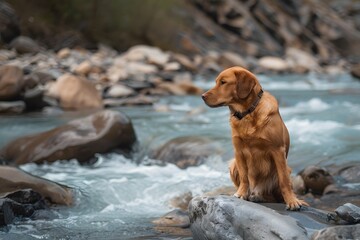 a cute dog on the bank of a river flowing over rocks