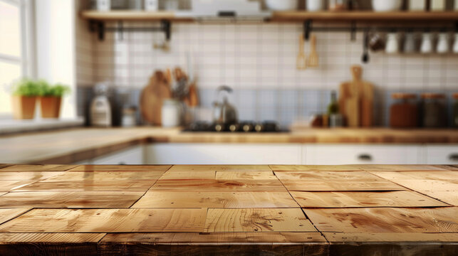 A rustic wooden kitchen countertop with blurred background featuring kitchen utensils, cutting boards, potted plants, and shelving, creating a cozy and homely atmosphere.