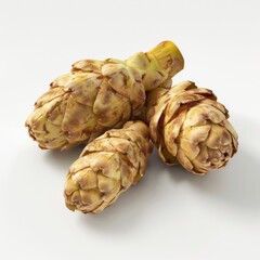 Obraz premium Three fresh artichokes neatly placed on a white background