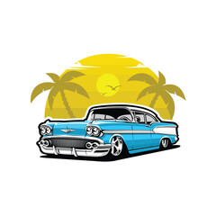 Vintage Classic Muscle Car in The Beach Illustration Vector Art Isolated