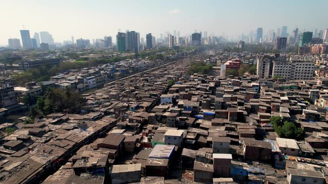Dharavi Slum in Mumbai India, Aerial View. Poor Housing and Lack of Hygiene in Famous Neighborhood. Dharavi is considered to be one of the largest slums in the world and the largest in Asia.