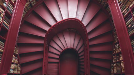Top view of a three-quarter turn staircase in a library, deep burgundy, surrounded by rows of books. - Powered by Adobe