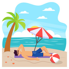 Person lying down on sandy beach wearing shorts concept, Boy taking Sunbath vector colorful design, Nature and landscape postcard, Scenic Summer Season Vibes Sign, Idyllic Remote illustration