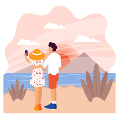 Couple taking selfie while traveling concept, Girl and guy spend vacation vector colorful design Nature and landscape postcard, Scenic Summer Season Vibes Sign, Idyllic Remote Beach stock illustration