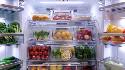 Open modern refrigerator fully stocked with a variety of fresh, colorful fruits and vegetables.