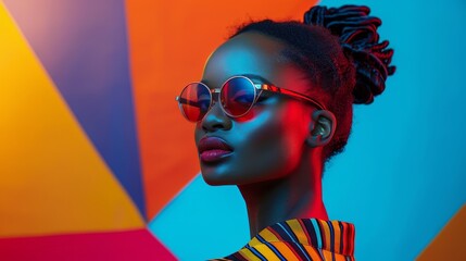 Fashion model with round sunglasses stylish striped outfit against vibrant geometric background ideal for editorial use