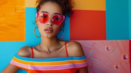 Fashion model with colorful sunglasses bold outfit and large hoop earrings ideal for summer fashion campaigns