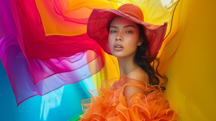 Fashion model with bold outfit and sunglasses against colorful geometric background ideal for fashion campaigns