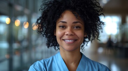 Obraz premium Smiling African American Woman in Medical Scrubs at Hospital 