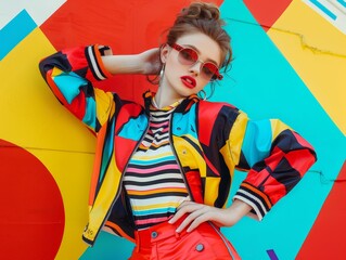 Fashion model with orange glasses and bold patterned outfit against vibrant polka dot backdrop ideal for fashion ads