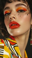 Close-up of fashion model with vibrant makeup colorful attire and bold red lips ideal for fashion magazines