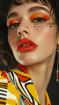 Close-up of fashion model with vibrant makeup colorful attire and bold red lips ideal for fashion magazines