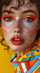 Vibrant close-up of fashion model with artistic eye makeup colorful attire and glossy red lips perfect for beauty ads