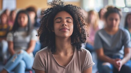 A young woman is seen meditating in front of a group of people.