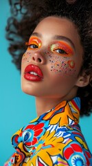 Fashion model with dramatic glitter makeup bold red lips and colorful outfit perfect for beauty campaigns