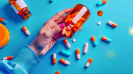 Top view of a hand pouring pills from an orange bottle over a vibrant blue backdrop