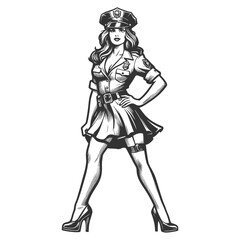 female police officer in a confident pose, blending authority with vintage fashion charm sketch engraving generative ai fictional character vector illustration. Scratch board. Black and white image.