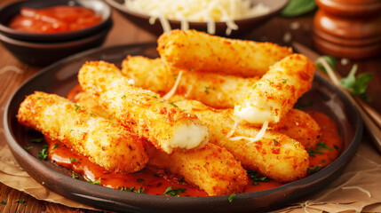 Fototapeta premium Close-up of crispy, golden fried mozzarella sticks served on a black plate with marinara sauce on a wooden table, garnished with fresh parsley.