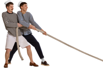 Portrait of two young boys, sailor, seamen in striped shirts pulling rope isolated transparent background. Concept of summer holidays, travelling resort, occupation, retro fashion, vintage style.