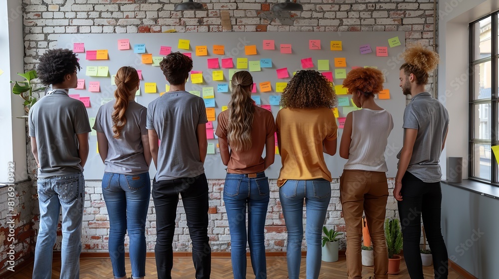 Wall mural a diverse group of individuals standing in front of a wall covered in colorful sticky notes, engagin