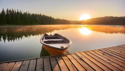 Obraz premium Sunrise on the dock, boat, dock, sunrise, peaceful, morning