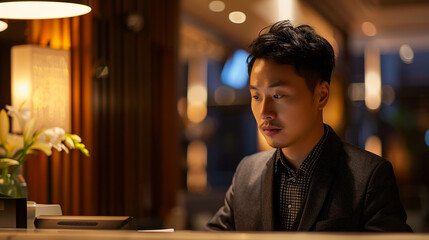 Checking into hotel, interacting with asian male receptionist.