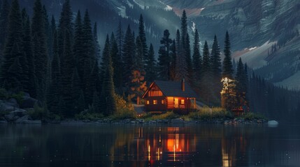 Cabin by a lake at twilight in a forest - A serene digital artwork depicting a cozy cabin by a lake surrounded by coniferous forest under a twilight sky